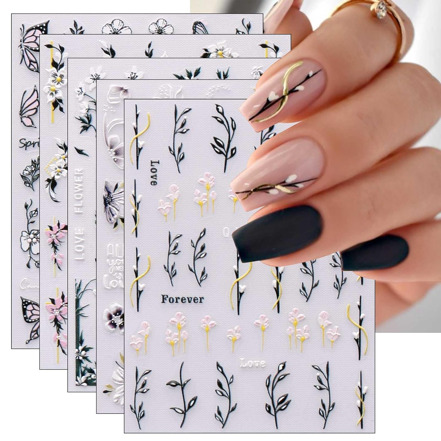 6 Sheets 3D Embossed Spring Flower Nail Art Stickers Decals Self-Adhesive