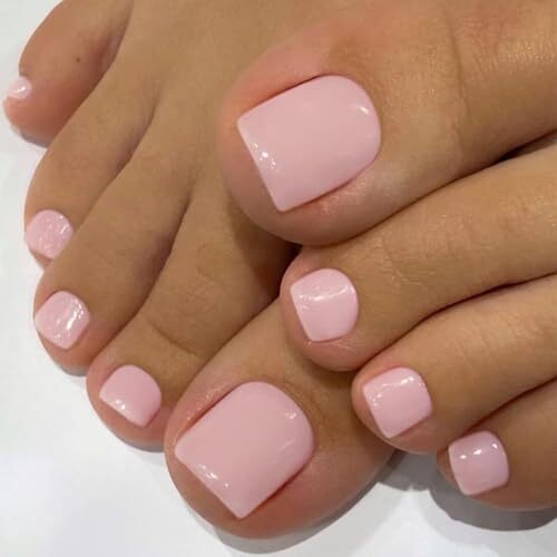 24 Pcs Solid Pink Press on Toenails Short Square – Summer Fake Toe Design Y1