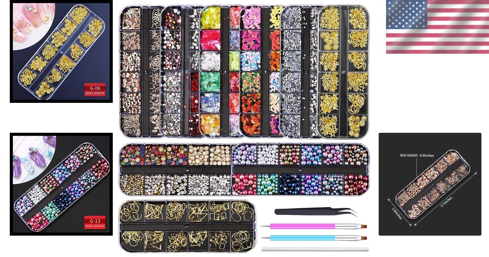 Complete Nail Art Rhinestones Set – 9 Boxes of Gems & Tools for Stunning Designs