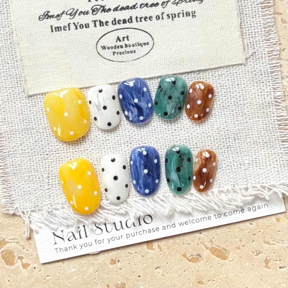 Short Square Oval Swirl Polka Dot Nails Fashion Art Style Reusable Manicure