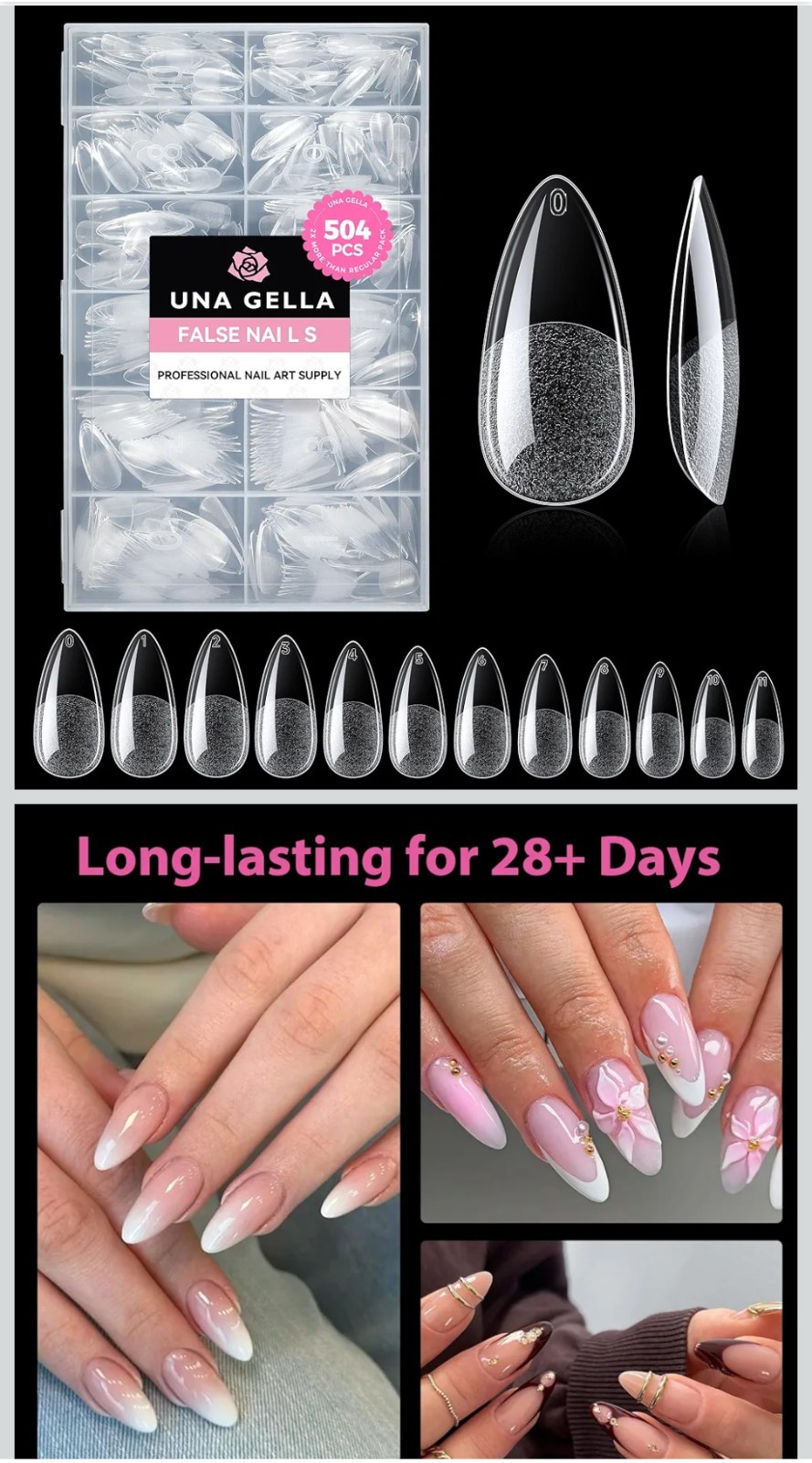 Almond Gel Nail Tips, 504PCS Pre Etched Clear Fake Nails Tips Medium Almond