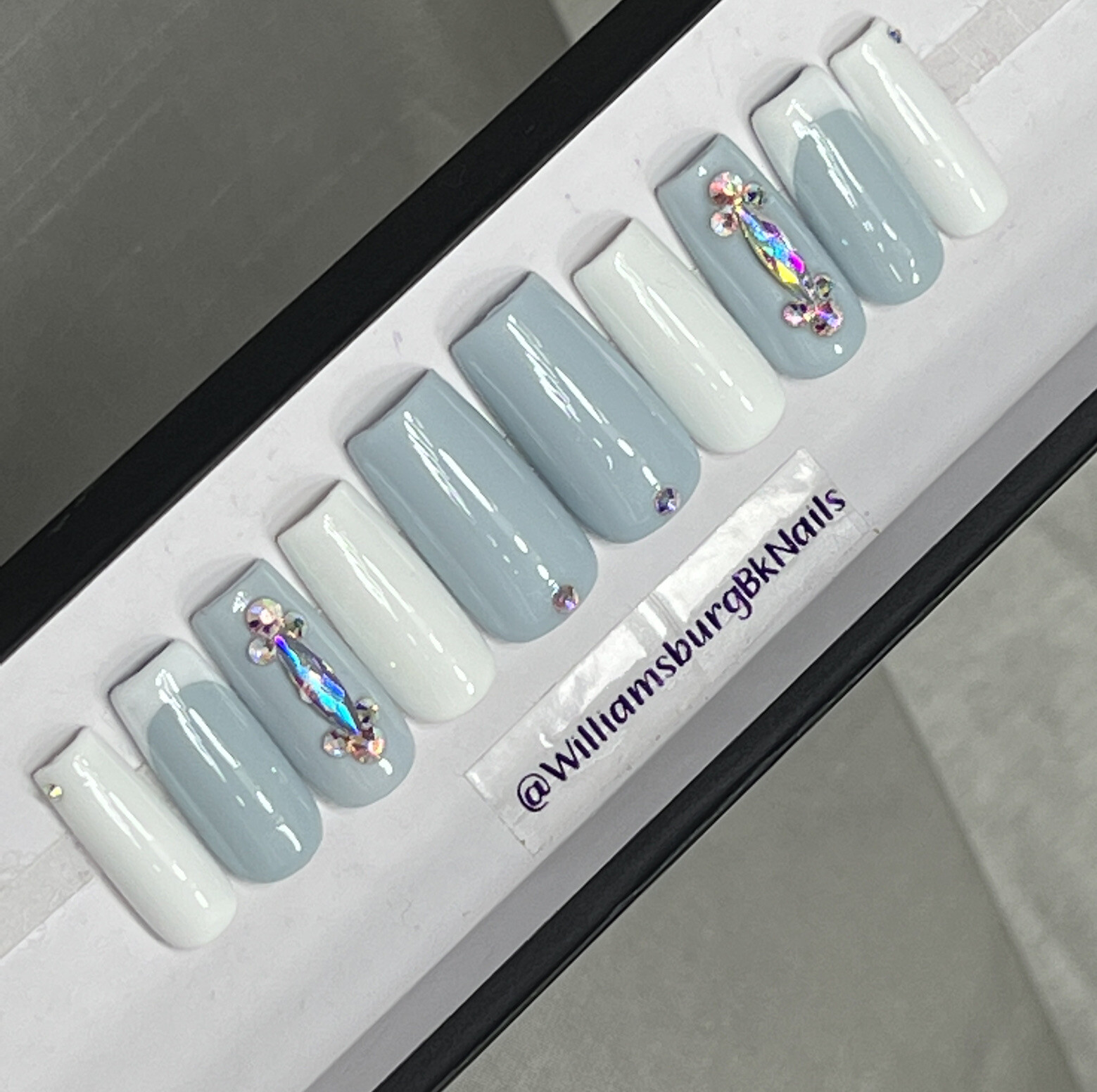 💎 CUSTOM Gel press On Nails, BLUE GREY BLING , Med Square 10p Set With FULL KIT
