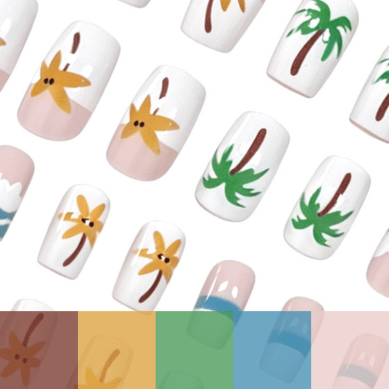 48 Pcs Palm Tree Wave Short Square Press on Nails, Beach Summer Fake Nails