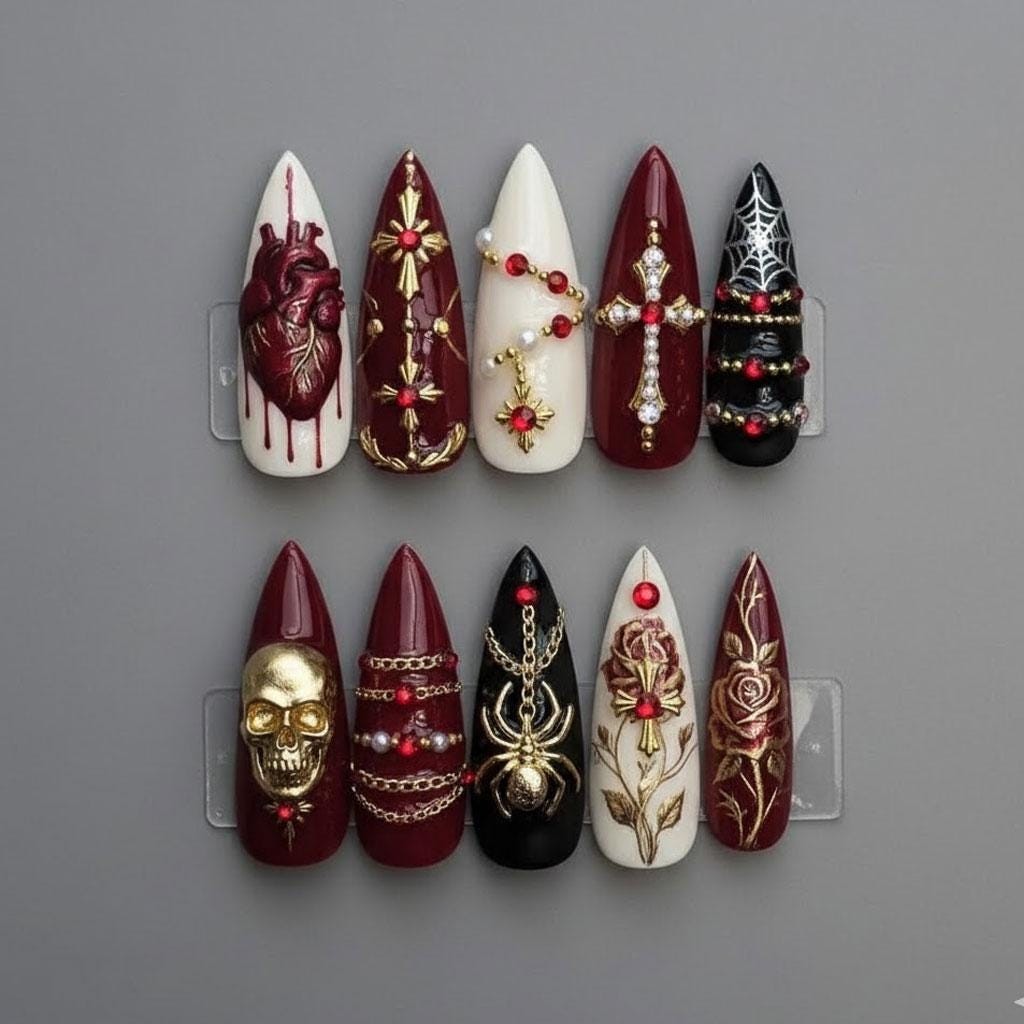 Custom Handmade Gothic Heart Skull Cross Spider Rose Stiletto Press on Nails