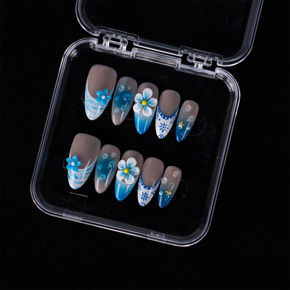 Elegant Handmade Blue Ombre Press On Nails Medium Almond Shape for Spring Summer