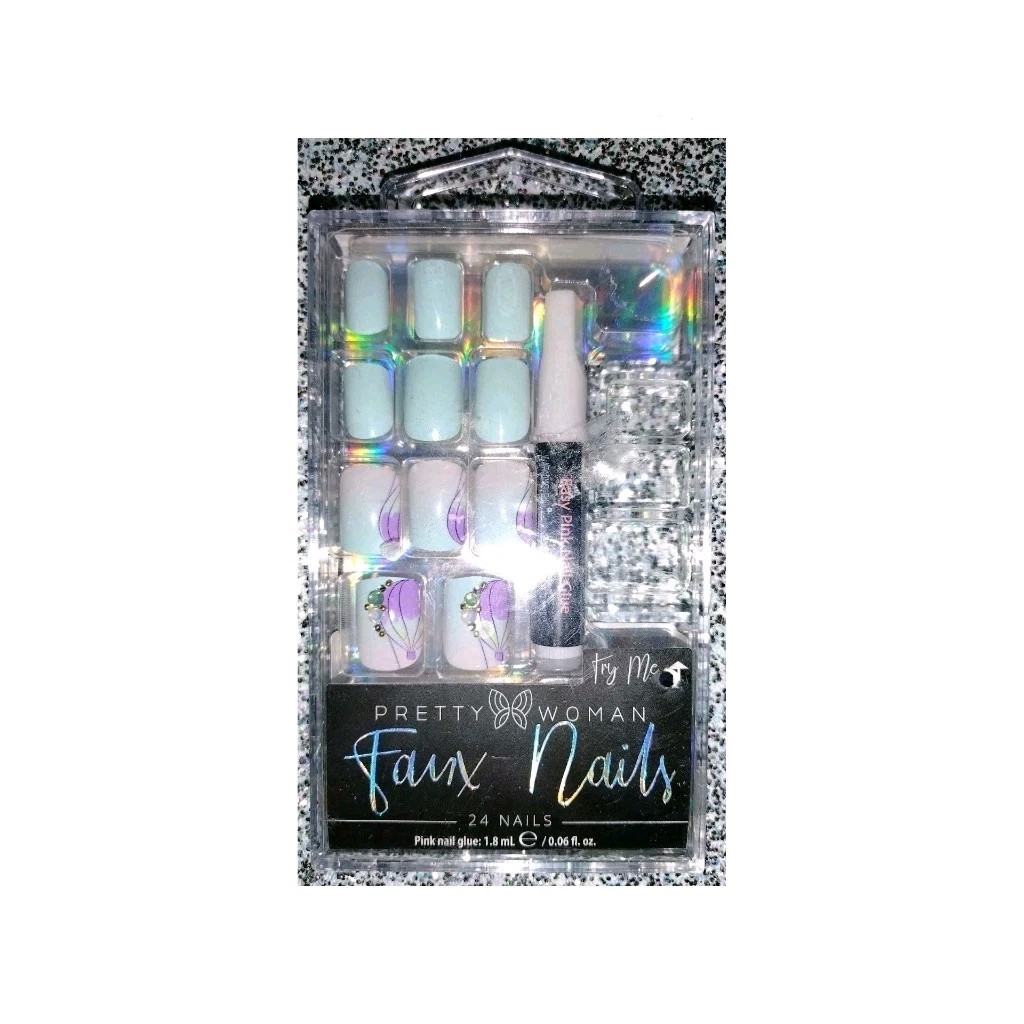Pretty Woman Faux Nails 1 Set With Glue In Shade Light Blue Purple Rhinestones