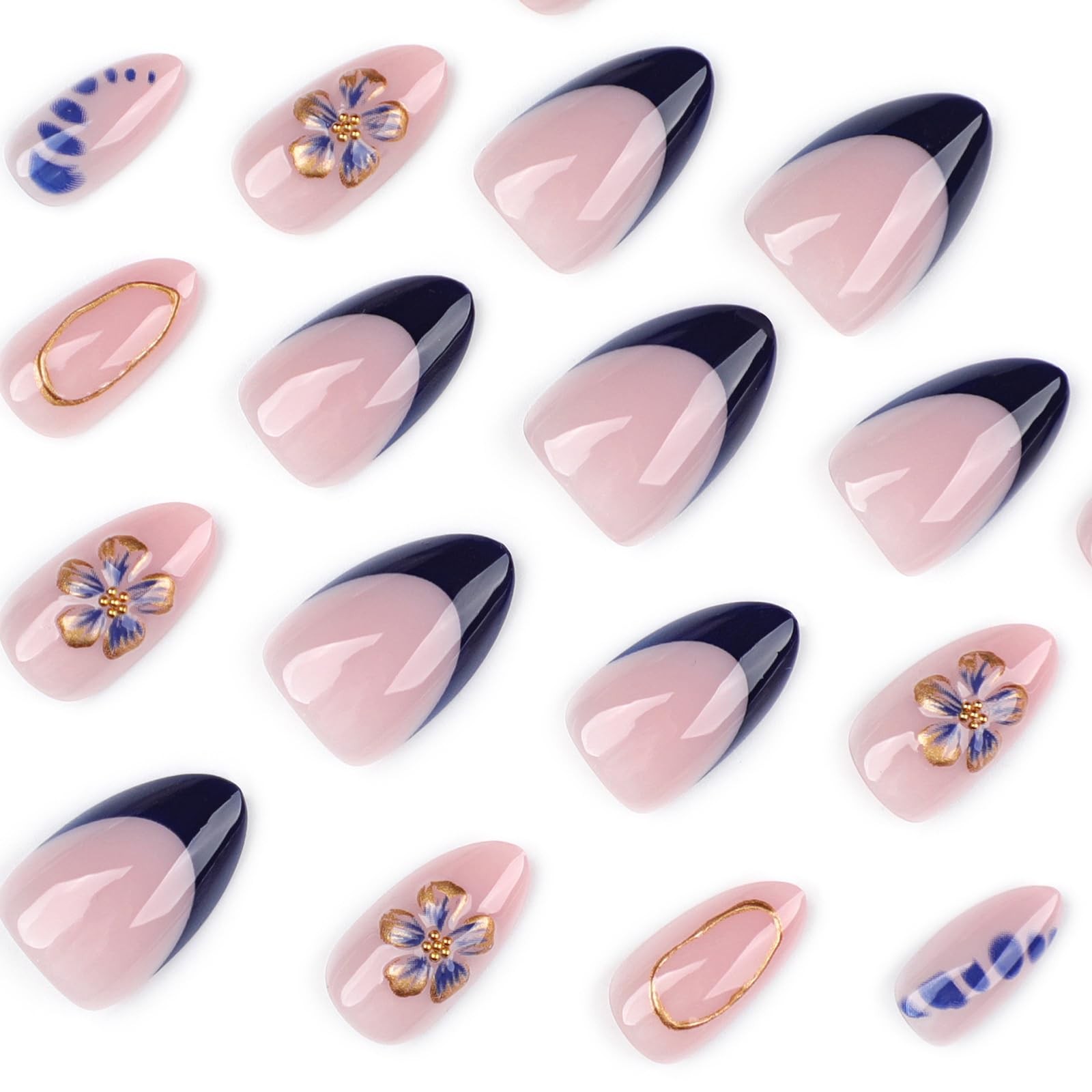 24Pcs Summer Flower Press on Nails Medium Almond Fake Nails with 3D Flower Be…