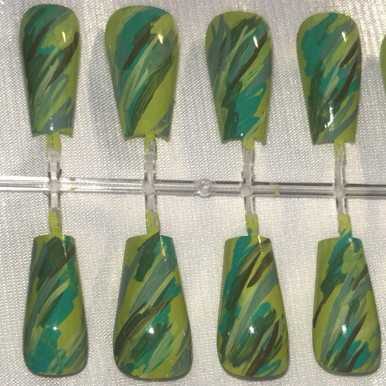 28 pc XL (00) Green Yellow Camouflage Glossy Long Coffin Press-On Nails Handmade