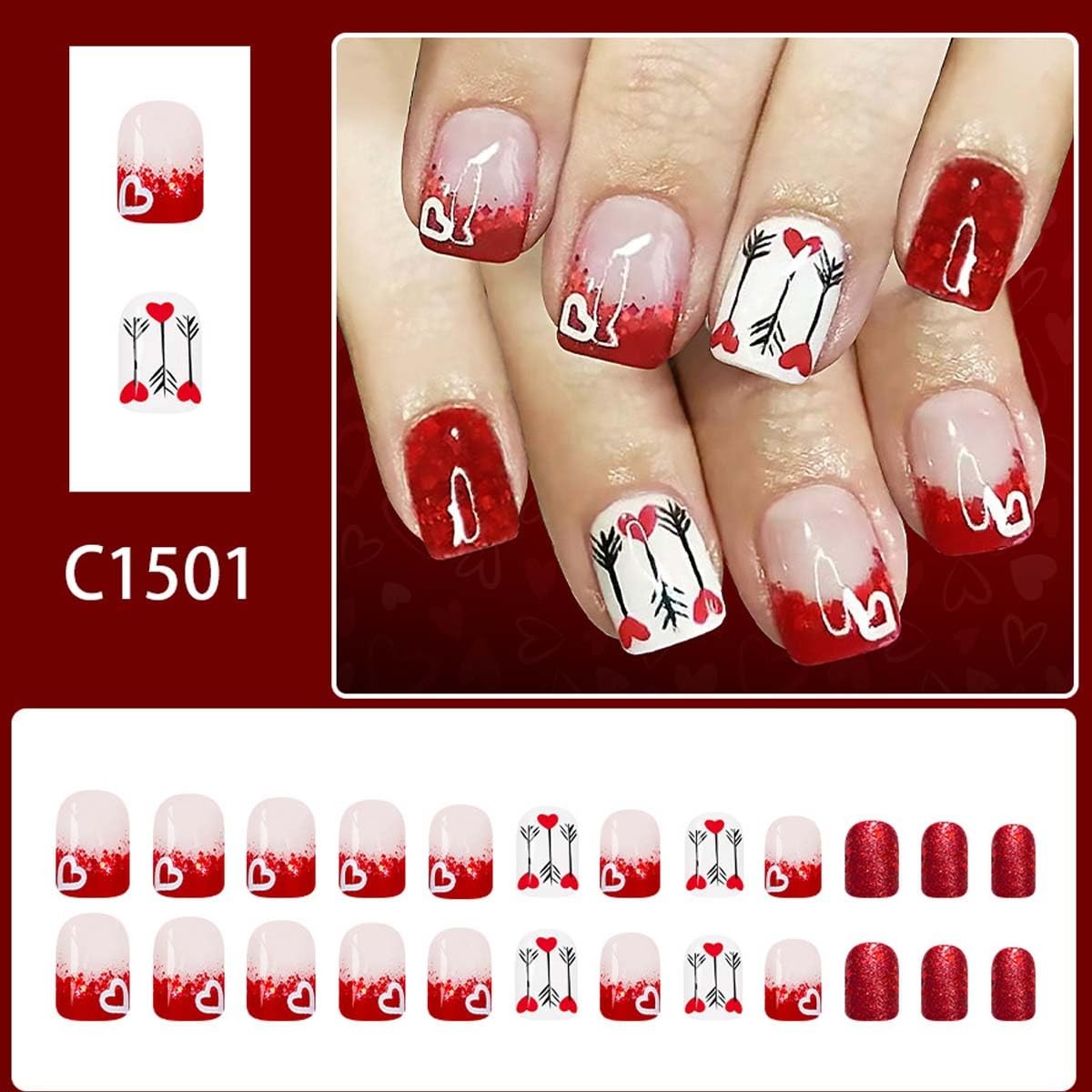 24Pcs Valentines French Tip Press on Nails Short Square Heart Fake Nails Red …