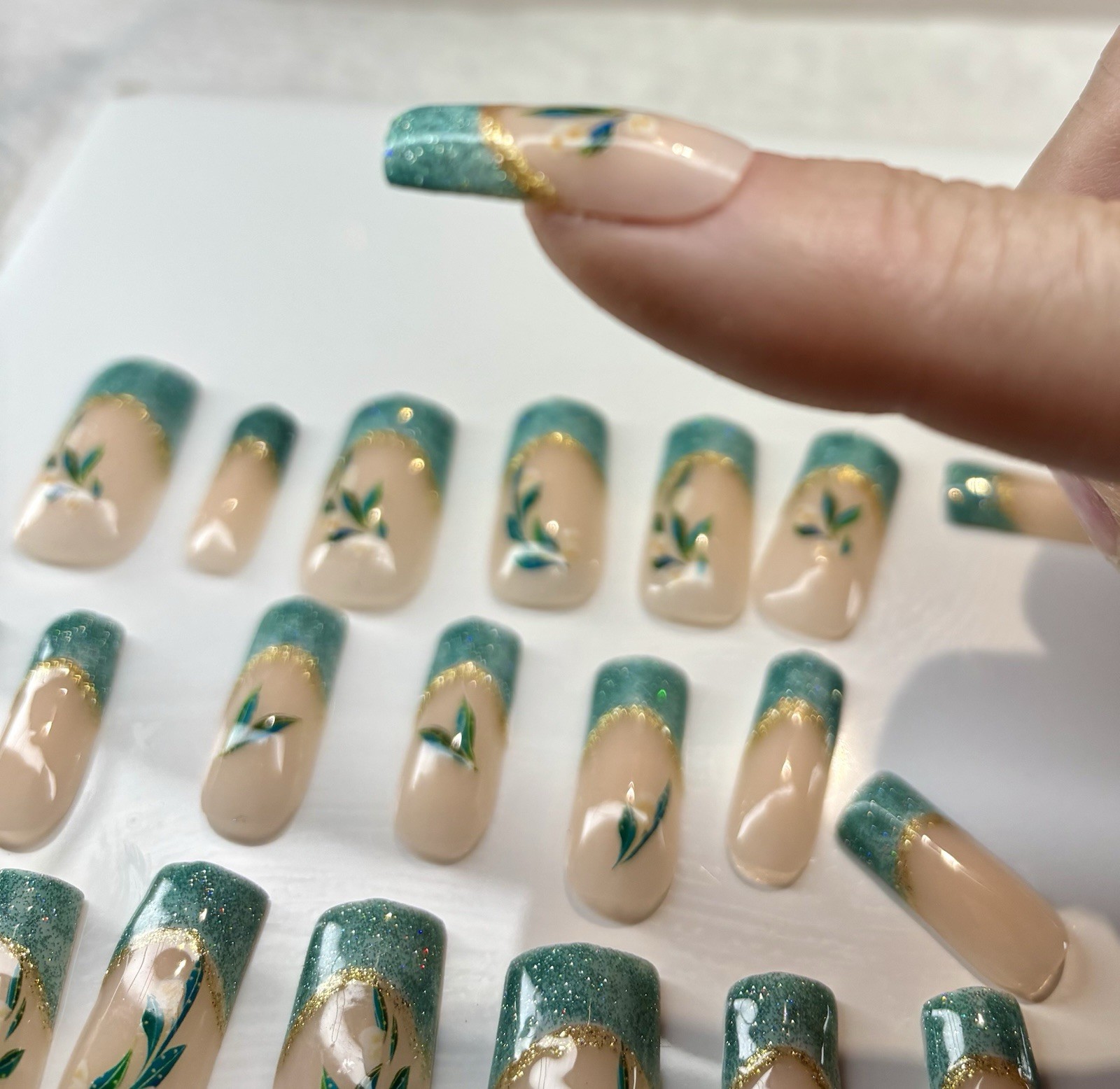 Spring Press On Nails, Nude Floral Square handmade Blue Glitter French ￼