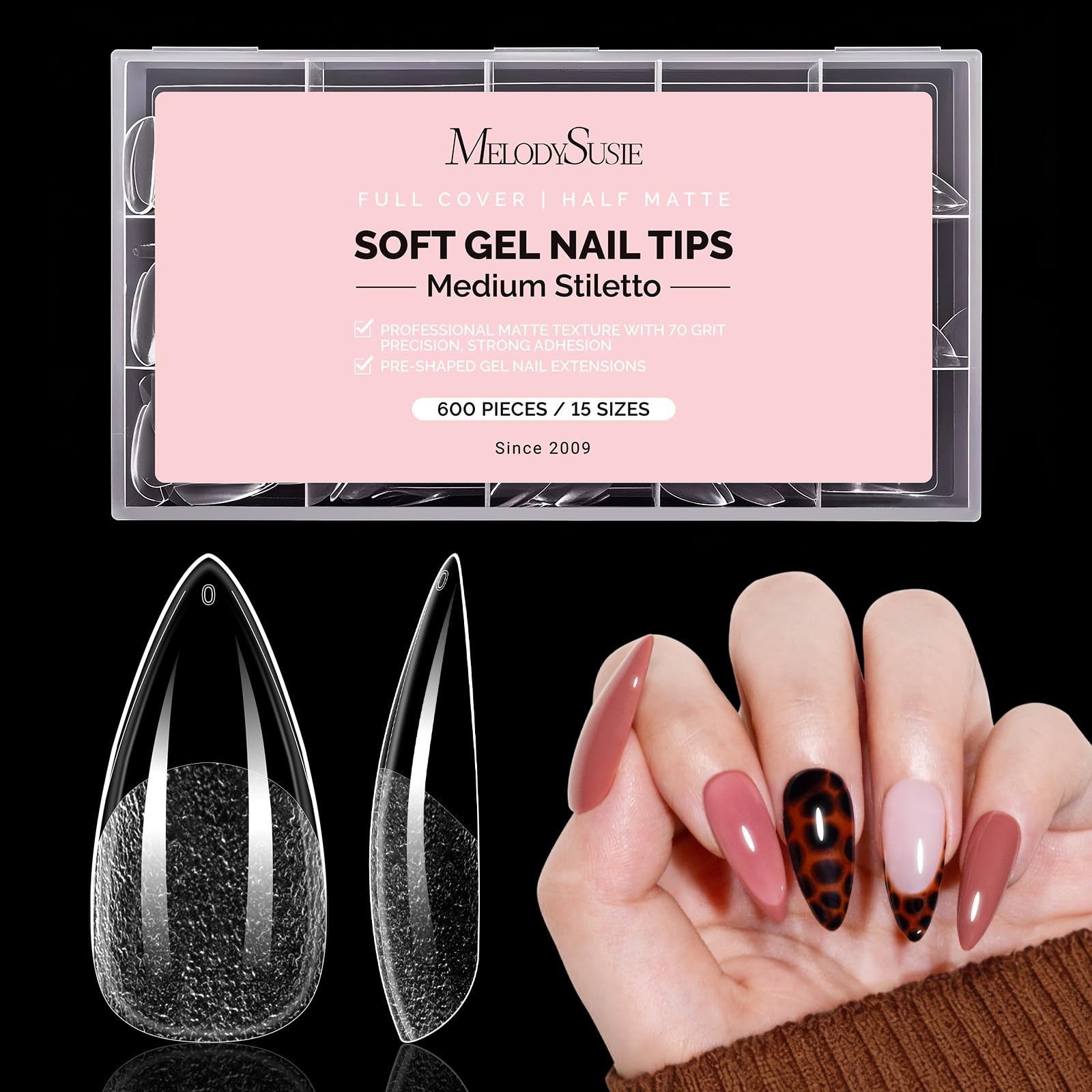 Medium Almond Stiletto X Nail Tips – 600Pcs 15 Sizes Clear Acrylic, Half Matte