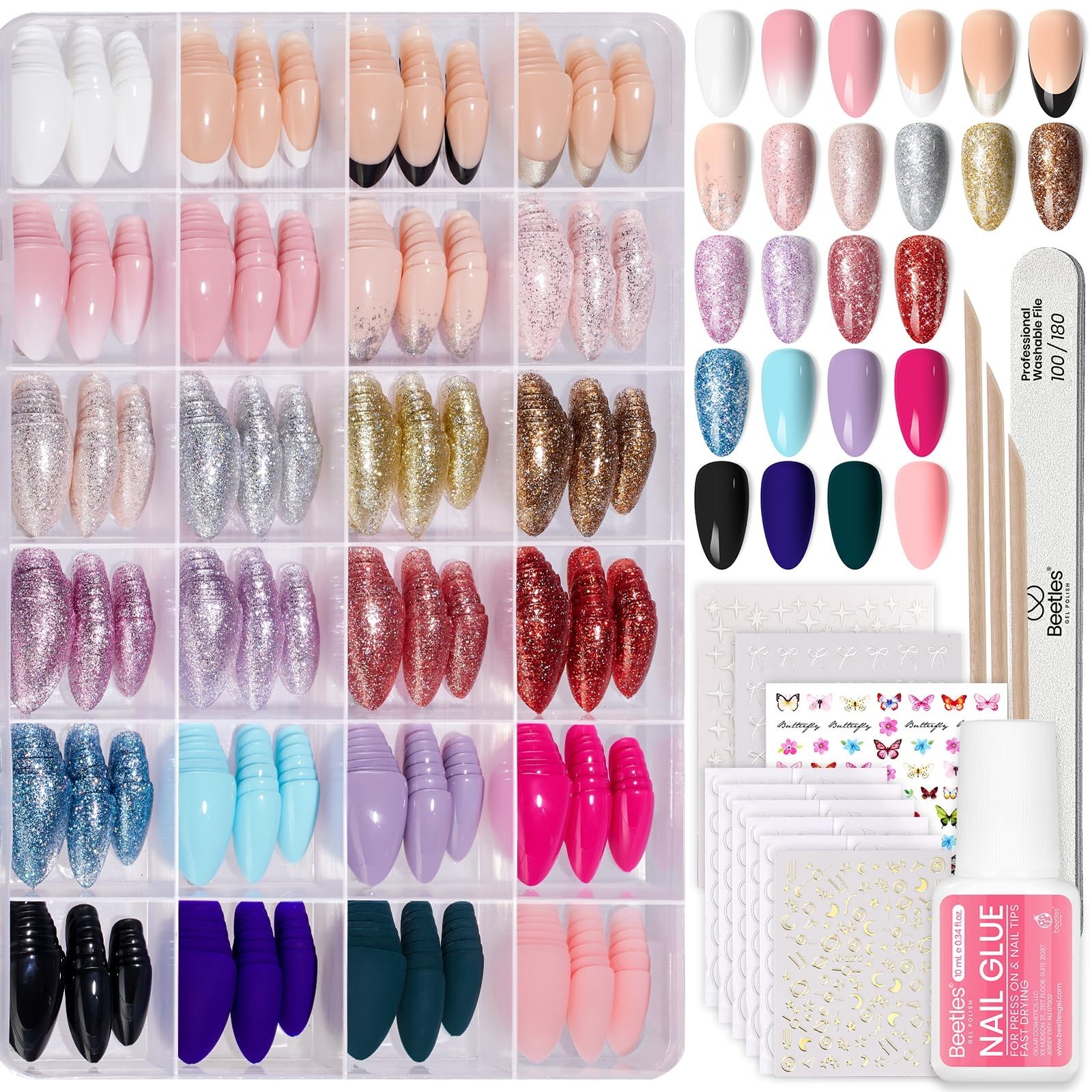 24 Colors Press on Nails Kit – 720 Pcs Short Almond Glossy Matte Glitter, Nail G