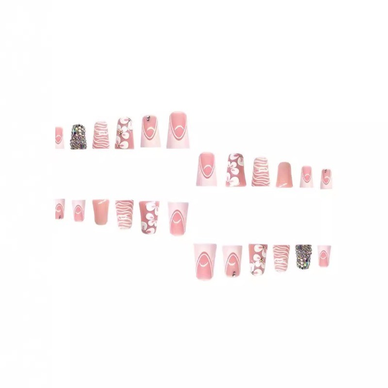 24pcs-Glam Nails with Nude Pink Base, Bling Crystals and Hand-Painted Floral Art