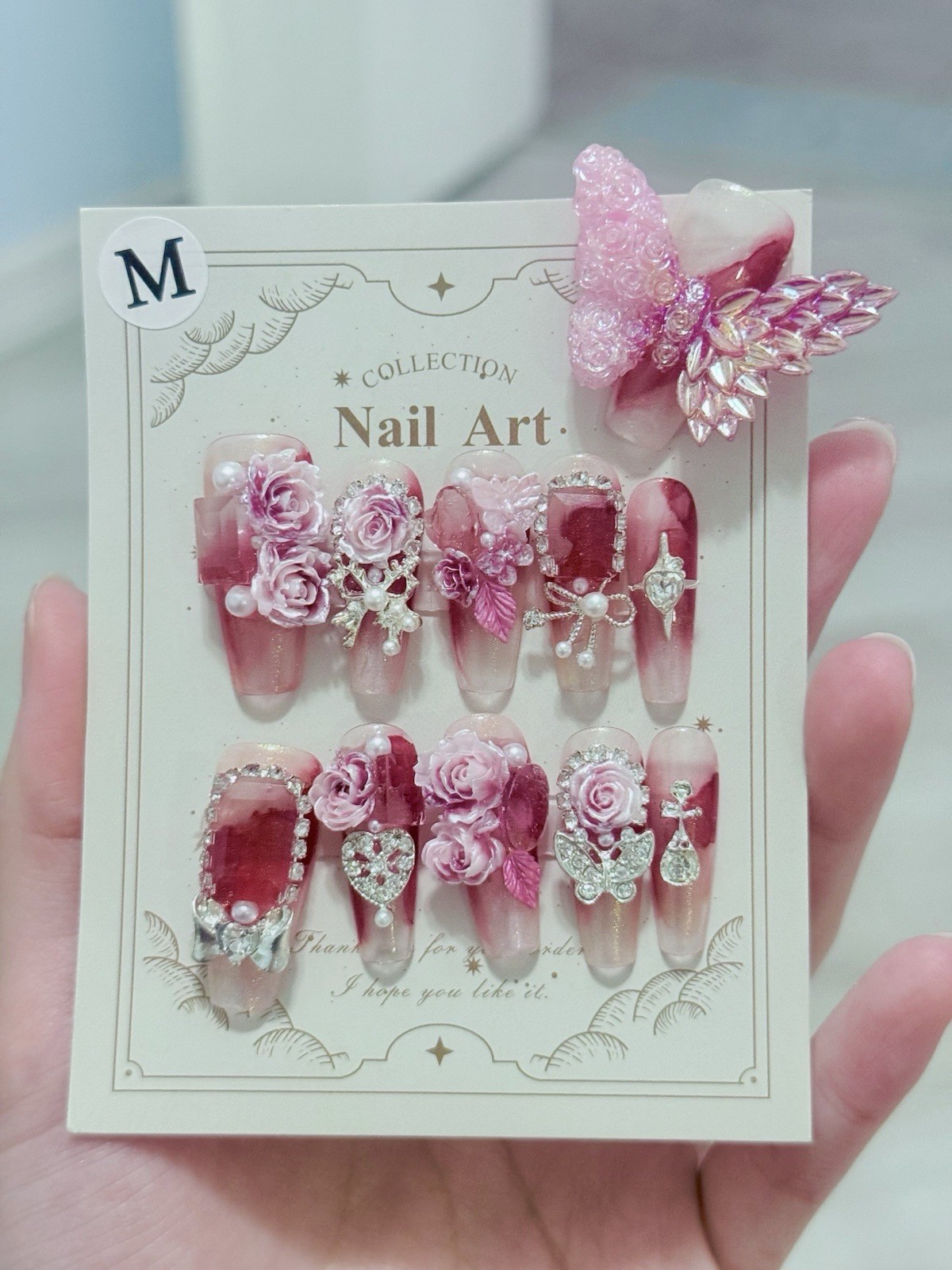 11pcs Butterfly N Rose Fake Nail Press On/Glue On Nails Size M(Read Description)