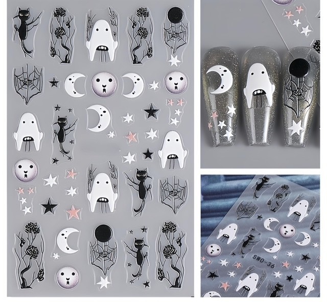 NAIL ART STICKERS ! HALLOWEEN EMBOSSED GHOSTS & CATS , MOONS SW0-36