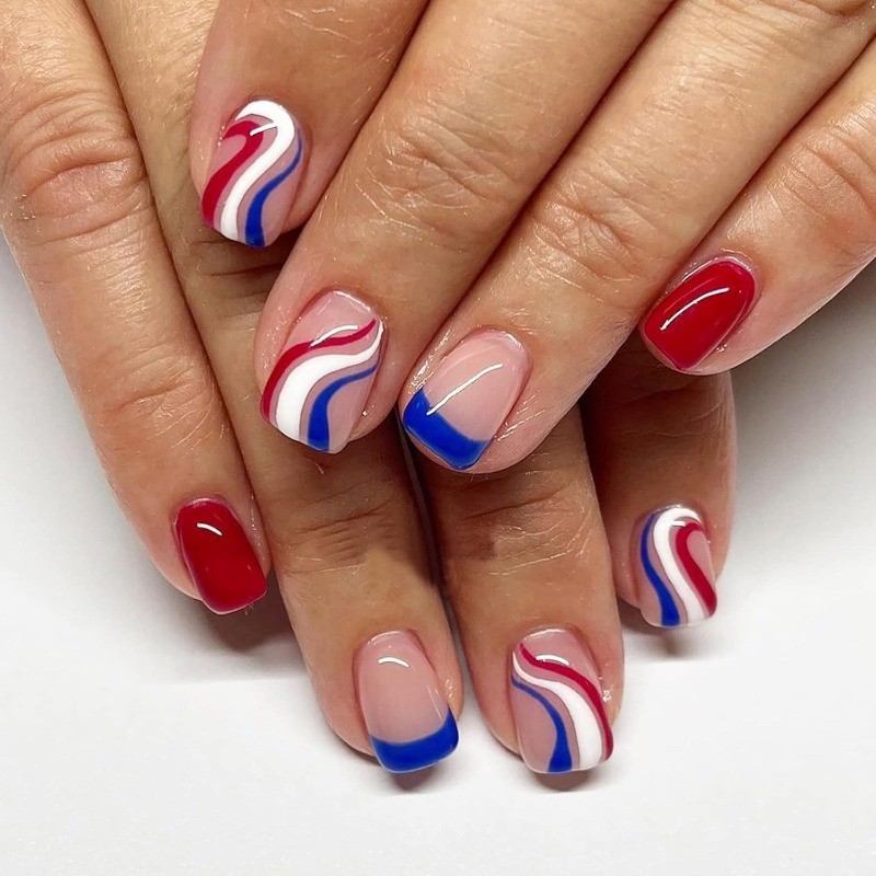 48Pcs-Short Square Press on Nails Red White Blue Swirl French Patriotic Nails