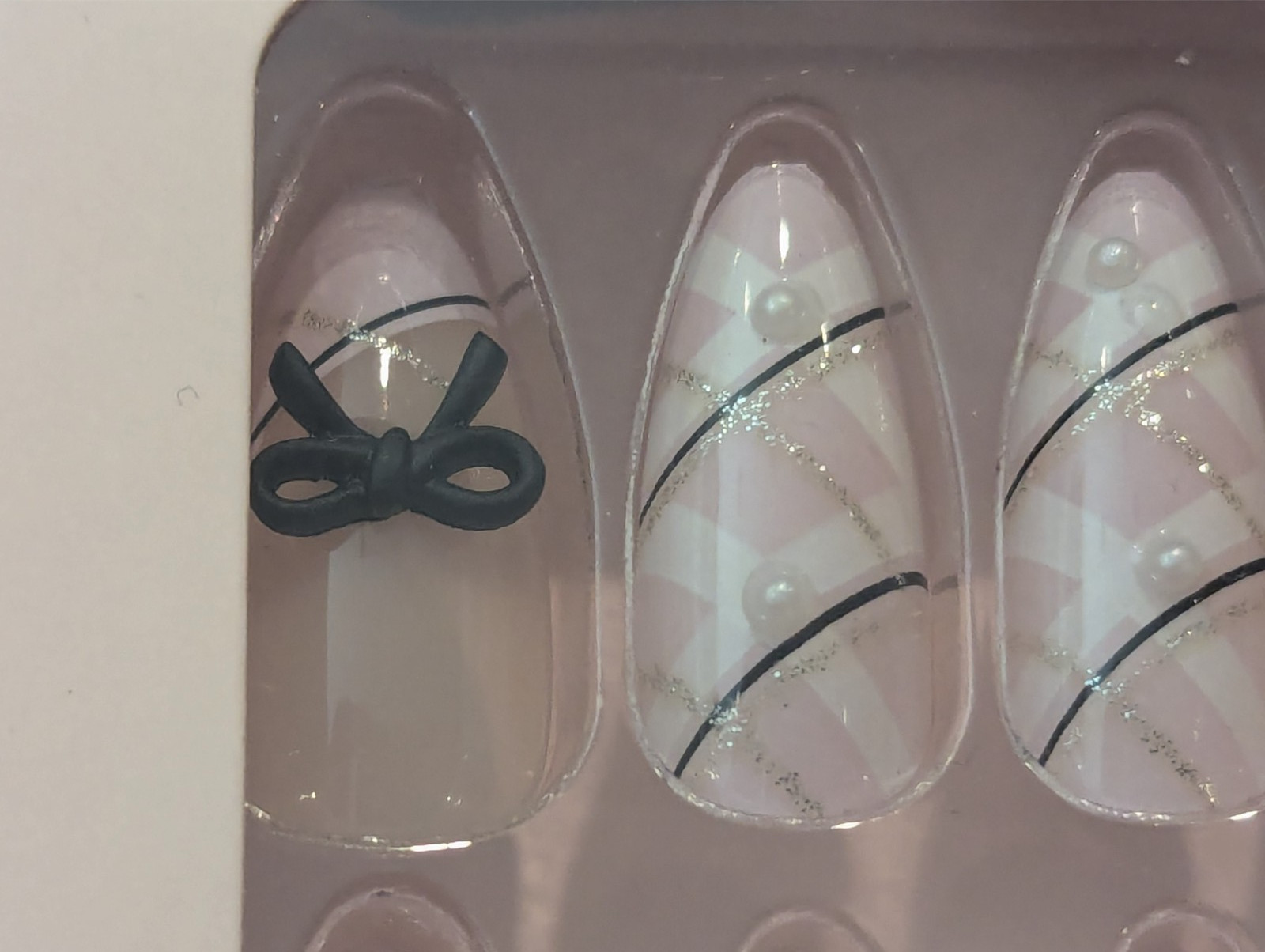 LA Express Beauty False Press On Nails File & Glue Almond 24 ct Pink Black Bows