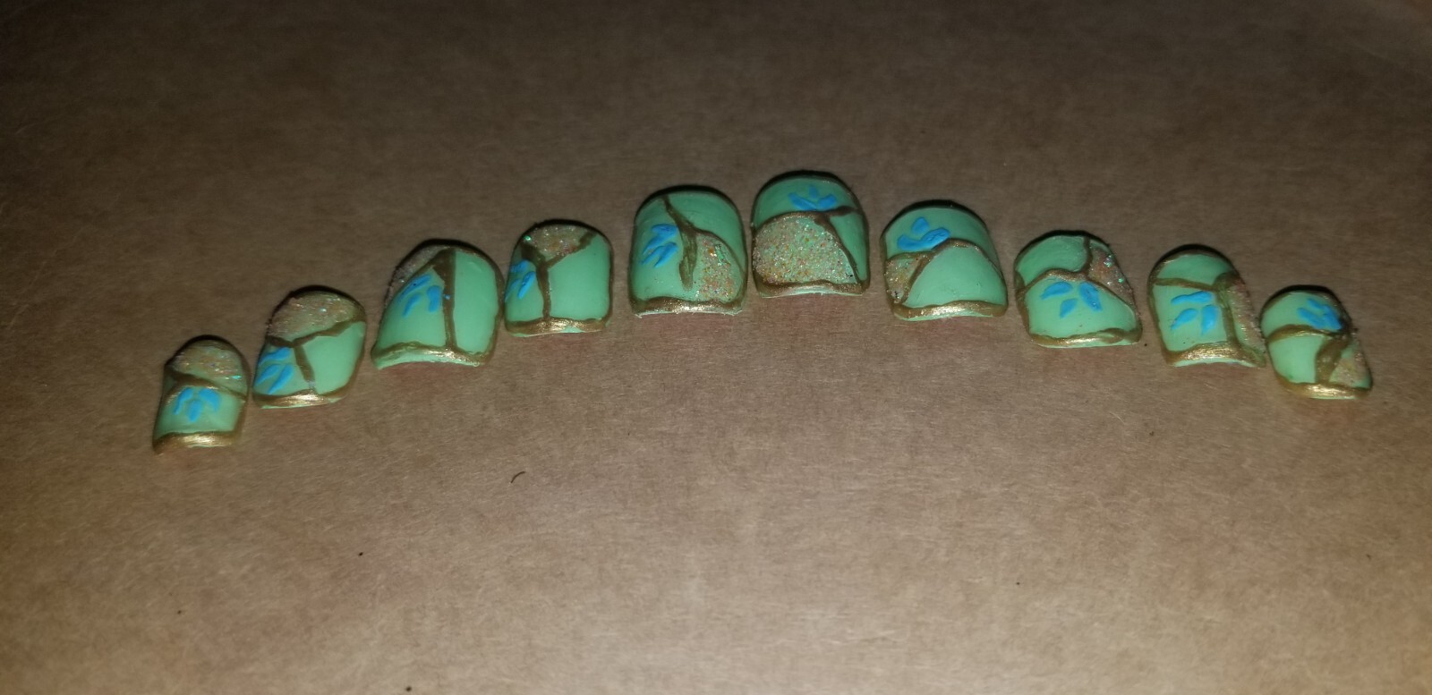 Kawaii Press On Nails|Neon Green Gold Orange Glitter | Short Square Gel 10PC