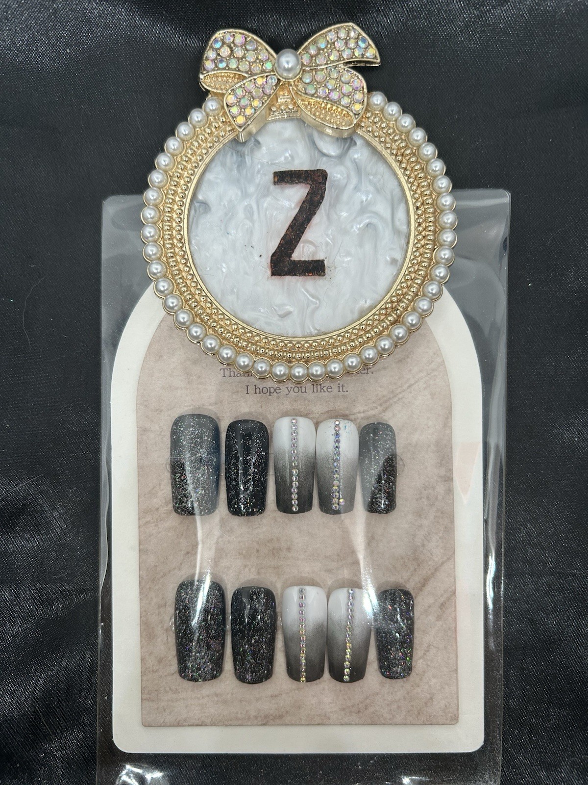 Z NAILZ! Handmade M Square Black Ombré W/Stones & Glitter Press On Nails