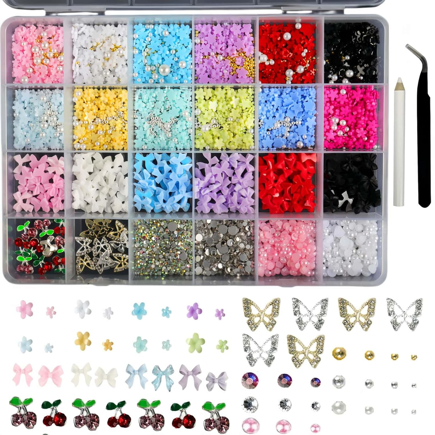 3200PCS 3D Nail Charms Set – Bulk Bow Nail & Flower Nail Charm, Flatback Pearls,
