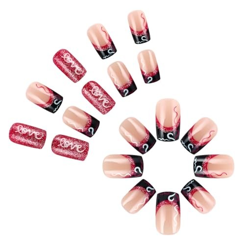 24 Pcs French Tip Press on Nails Short Square Heart Fake Nails with Glitter