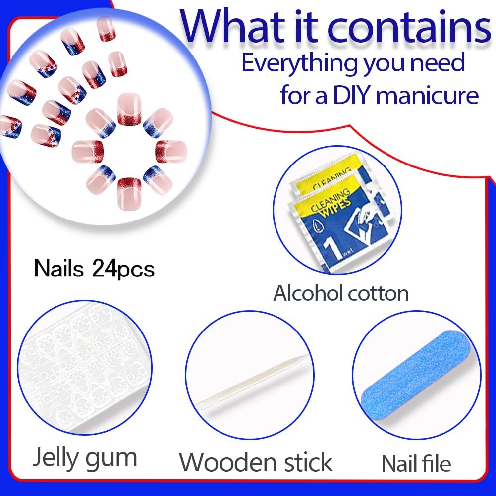 4th of July Nails – Medium Square Press On Nails with Stars, Stripe, Glitter …