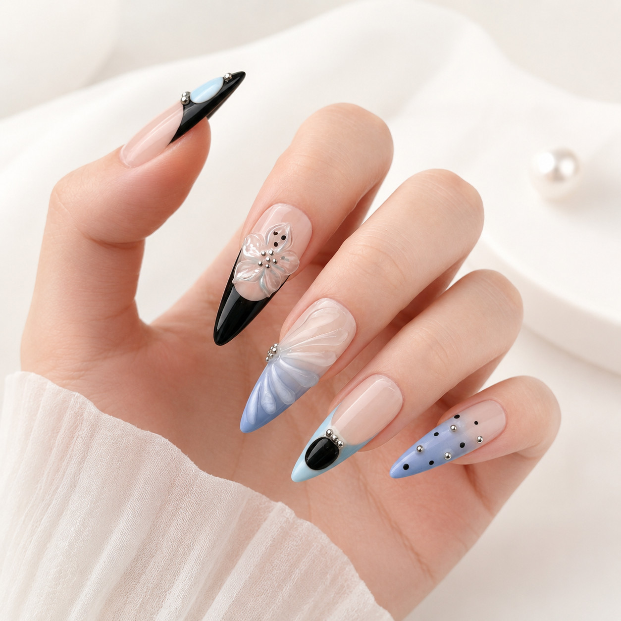 Long Stiletto Press On Nails Blue Black French Tip Butterfly Rhinestone Nail Set