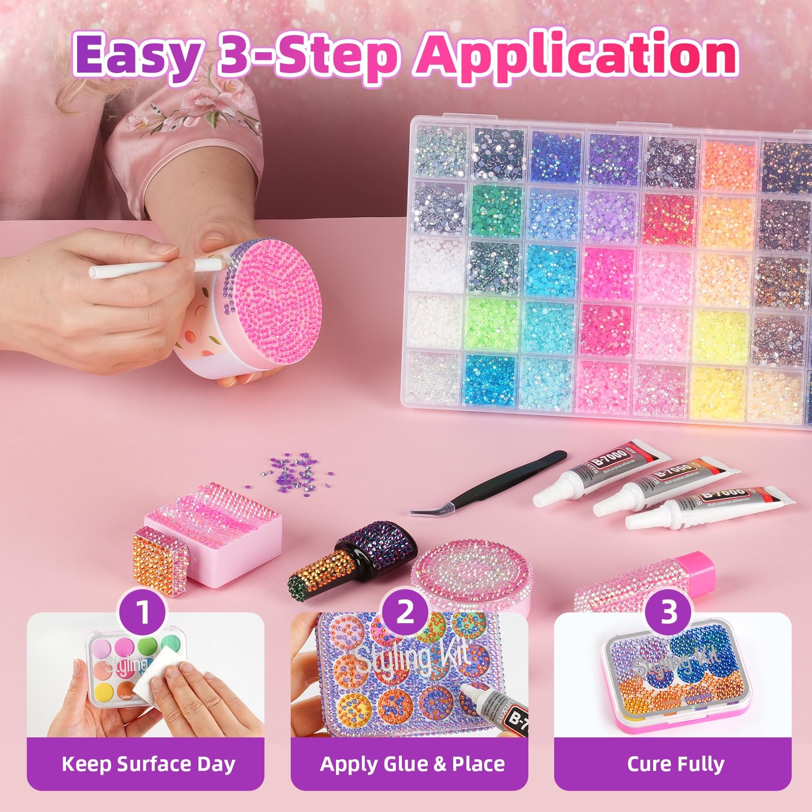 40000pcs 40 Colors Resin Rhinestones Flatback Gems 3mm Craft Gems with Glue Tool