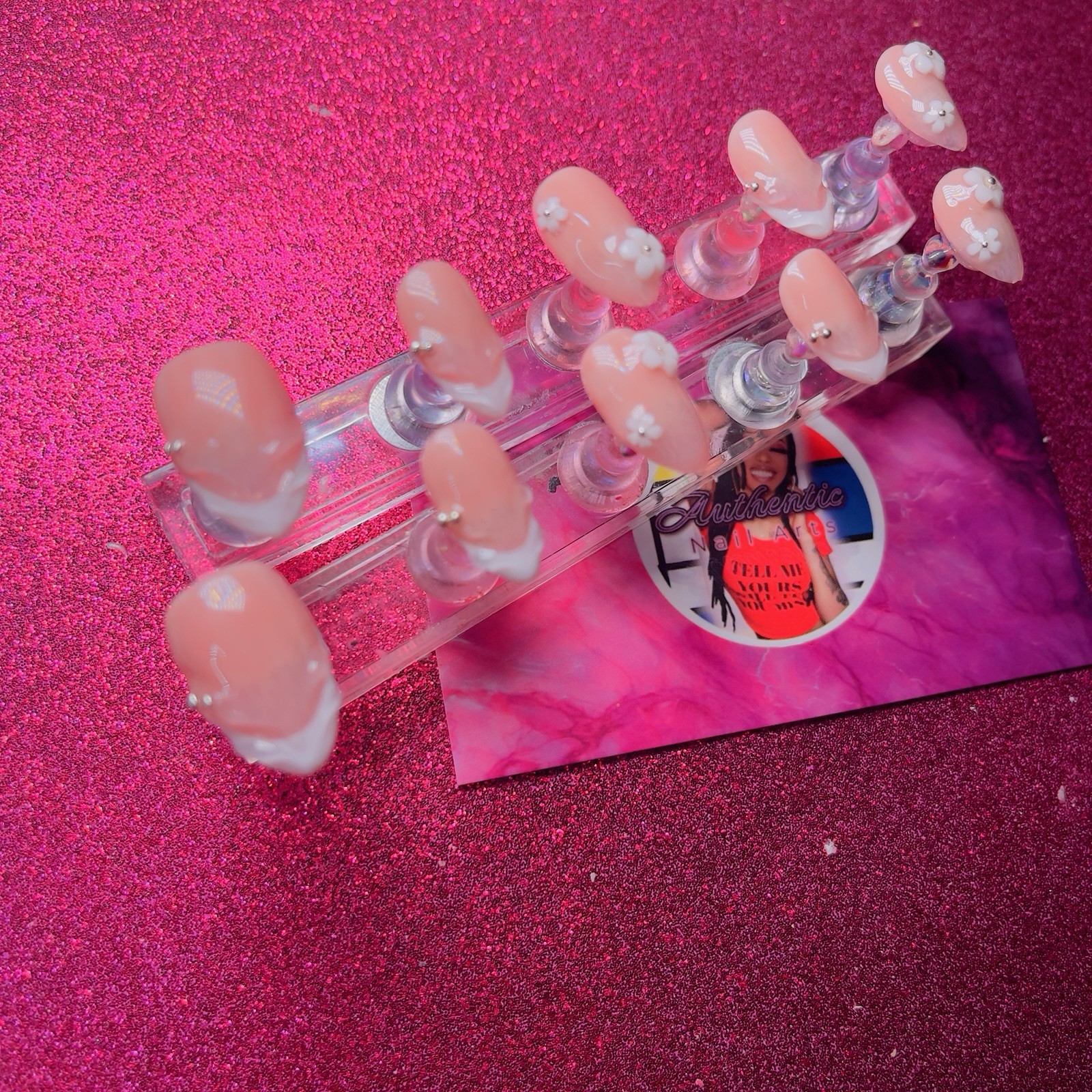 Almond Press-On Nails Peach White French 3D Flower by Authentic Nail Arts by Dia