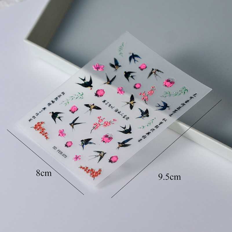 NAIL ART 5D Nail Swallow Birds Flower Nail Stickers Decoration NS54
