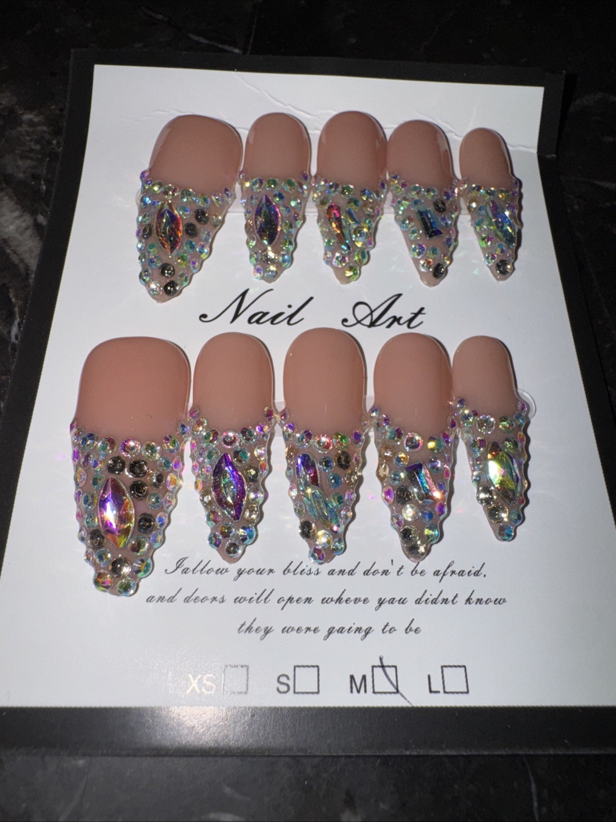 Handmade Press On Nails Medium Long Almond Glam Rhinestone Reusable Full Kit