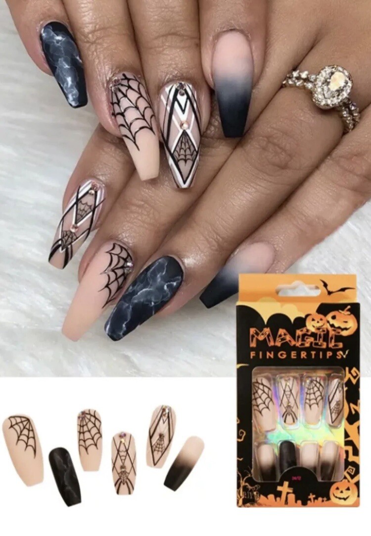 Halloween Press On Nails.Spiderweb, Ombre, Jewels.NIB.24 Pack