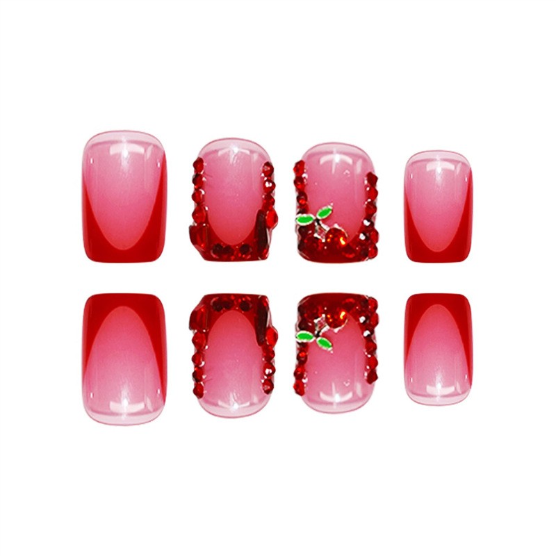 Medium Square Bling Diamond Cherry Press On Nails Removable Wholesale