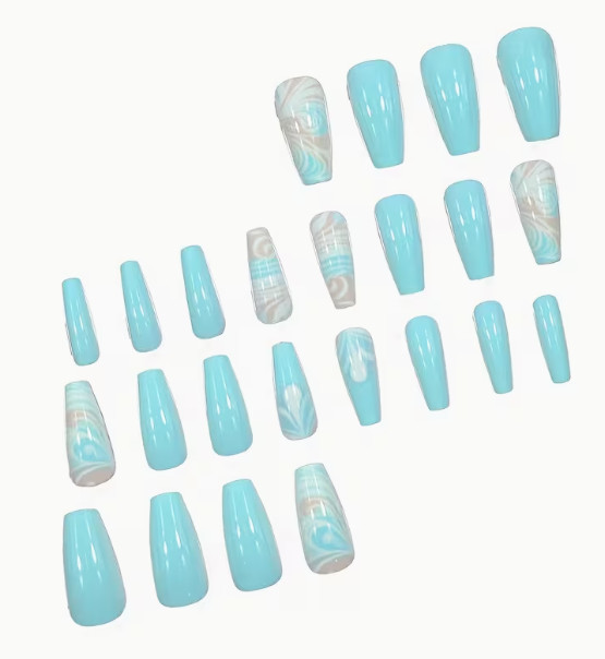 24 Pcs Press-On Medium Coffin Shiny – Blue Solids and Blue Beige White Swirls