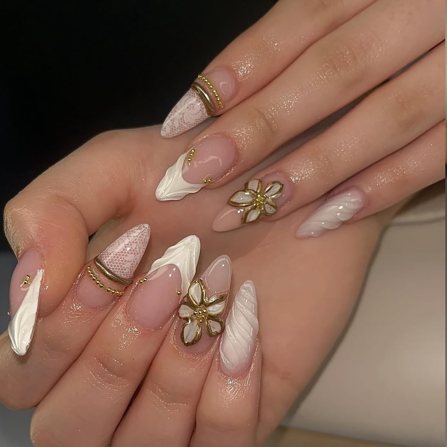 24Pcs White French Tip Press on Nails Medium Almond Fake Nails with 3D Gold Flor