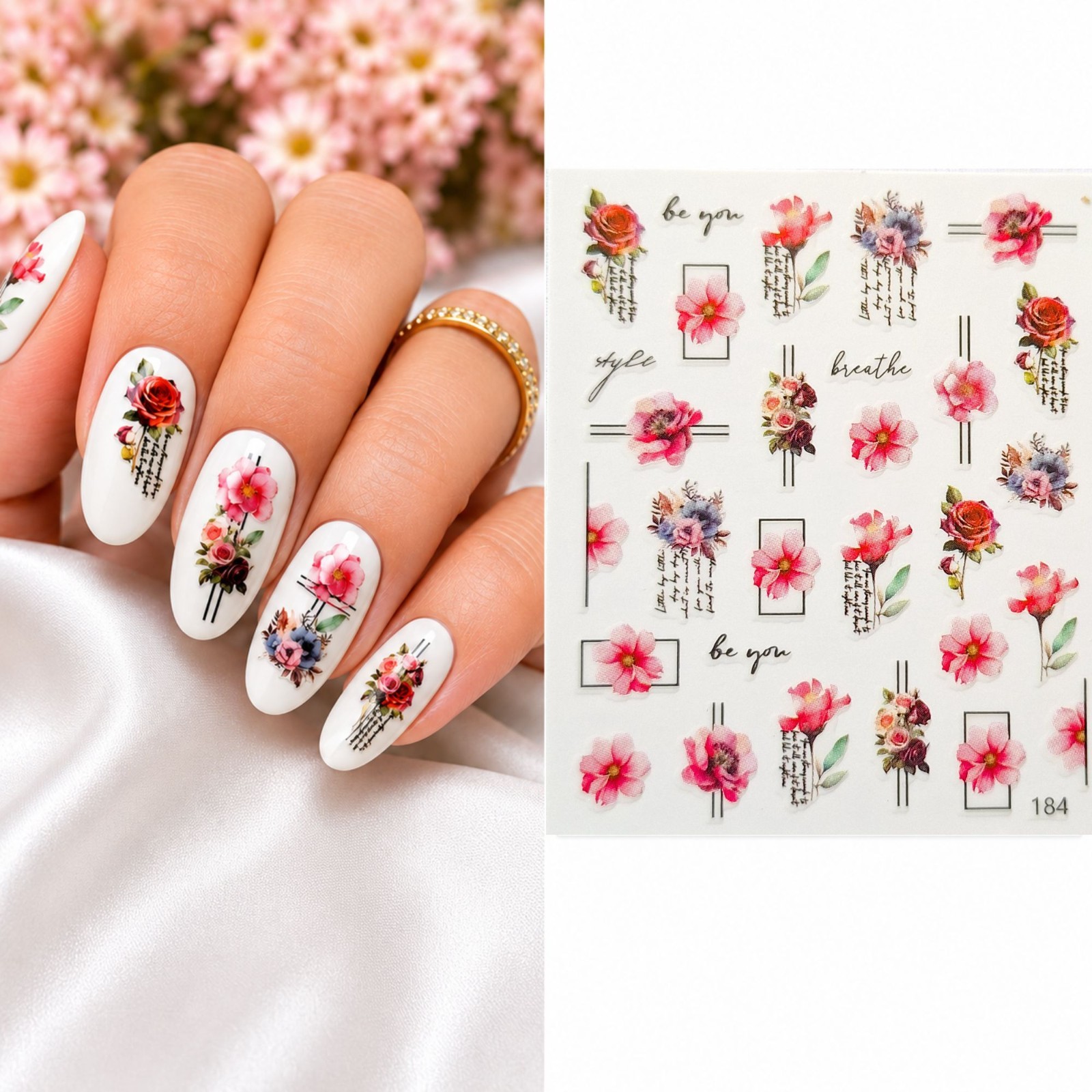 Rose Spring Flower quote Nail Art Water Transfer Decal DIY Nail Floral Decor