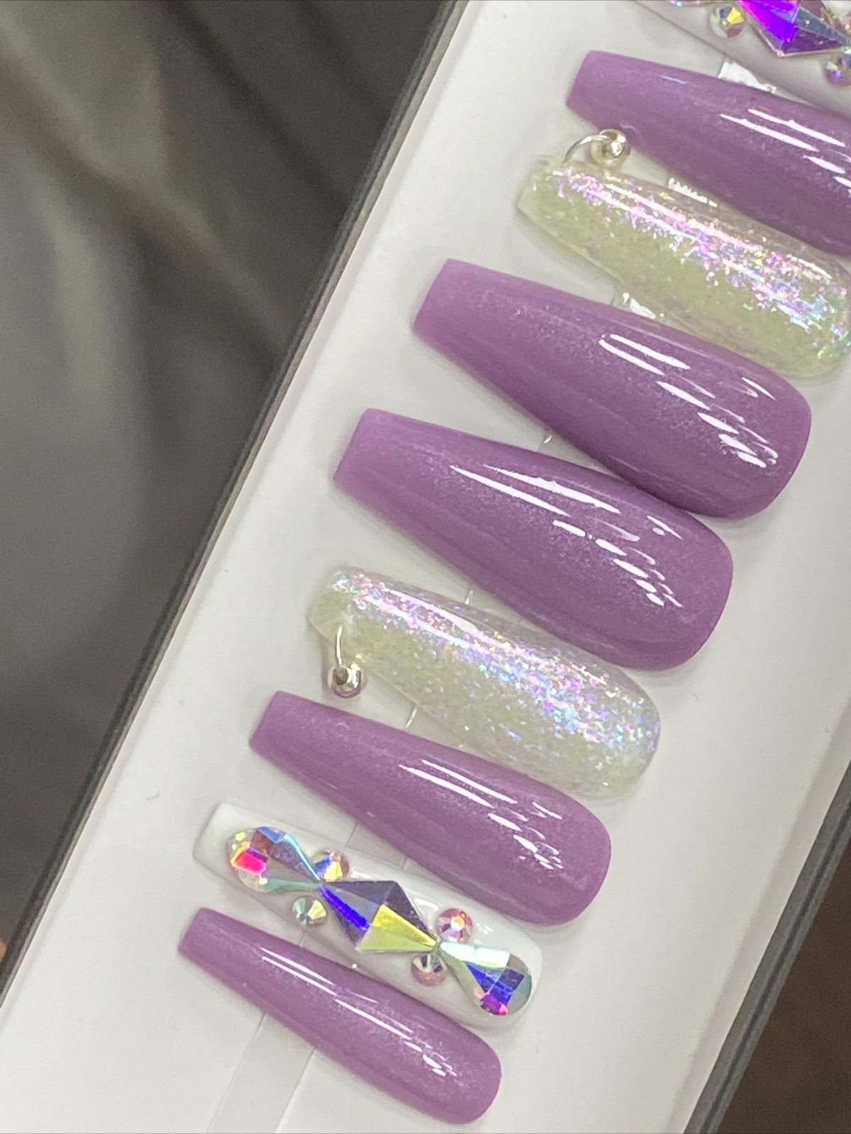 🔥CUSTOM Gel Press On False Nails, Purple w/ BLING 10 set, w/ FULL KIT NEW MED