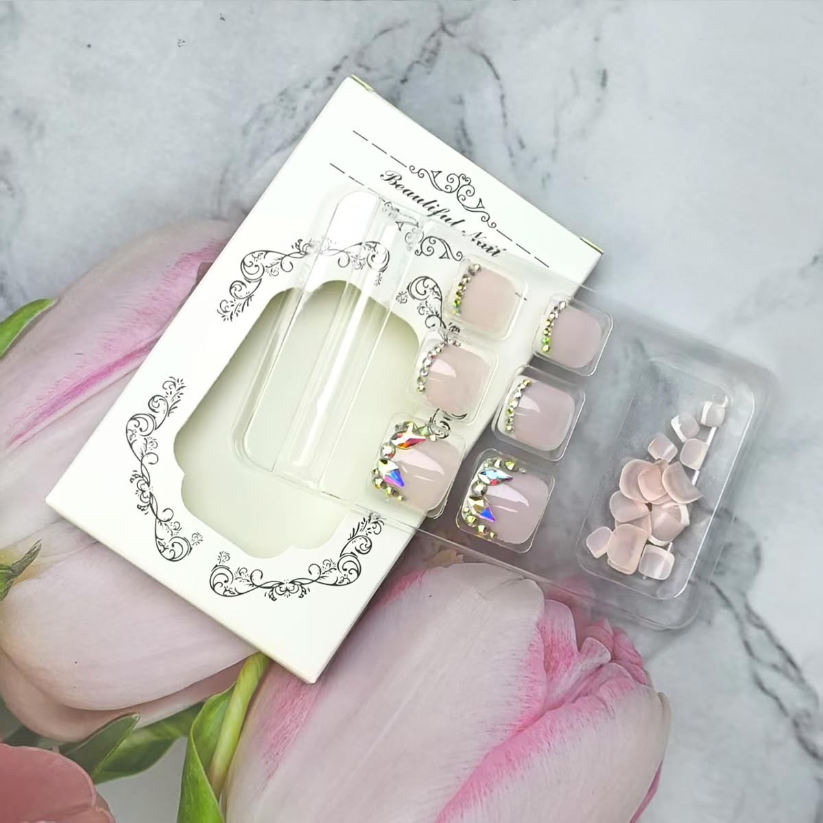 24Pcs Short Press on Toenails Square Fake Toenails with Rhinestones Design Wh…