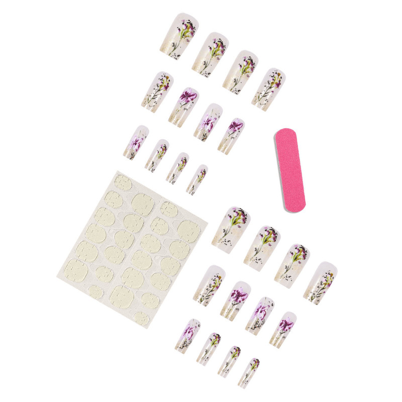 48pcs Long Taper Press on Nails, Clear Nude Purple Lavender Dried Flower Nails