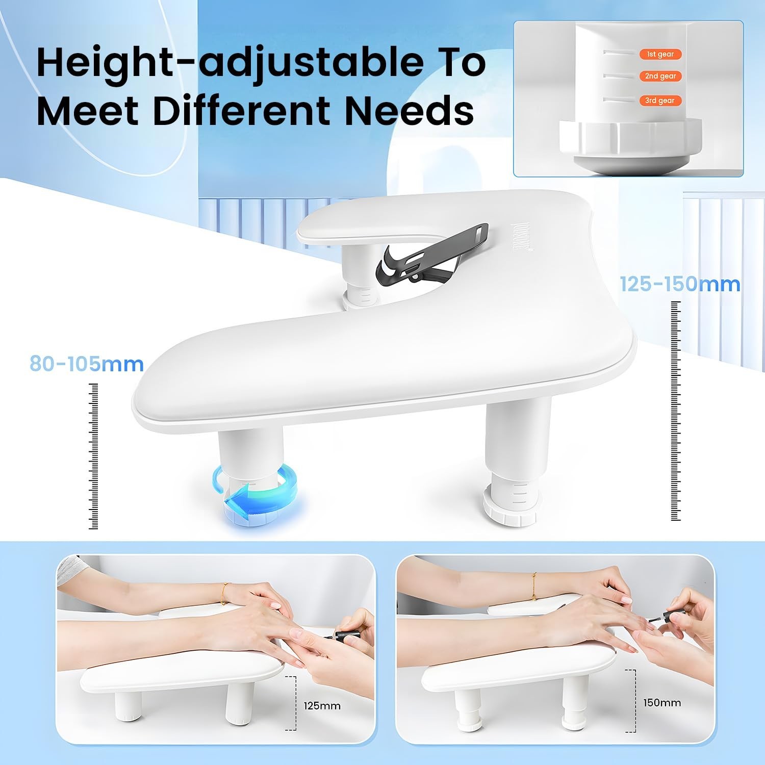 U-Shaped White Manicure Arm Rest with 360° Phone Holder & Adjustable Design for