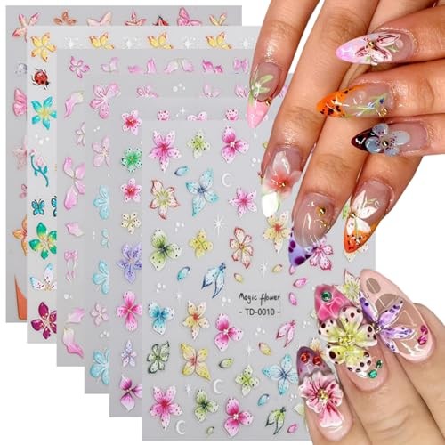 Flowers Nail Art Sticker- 5D Embossed Lily Flower Nail Decals Colorful Flower