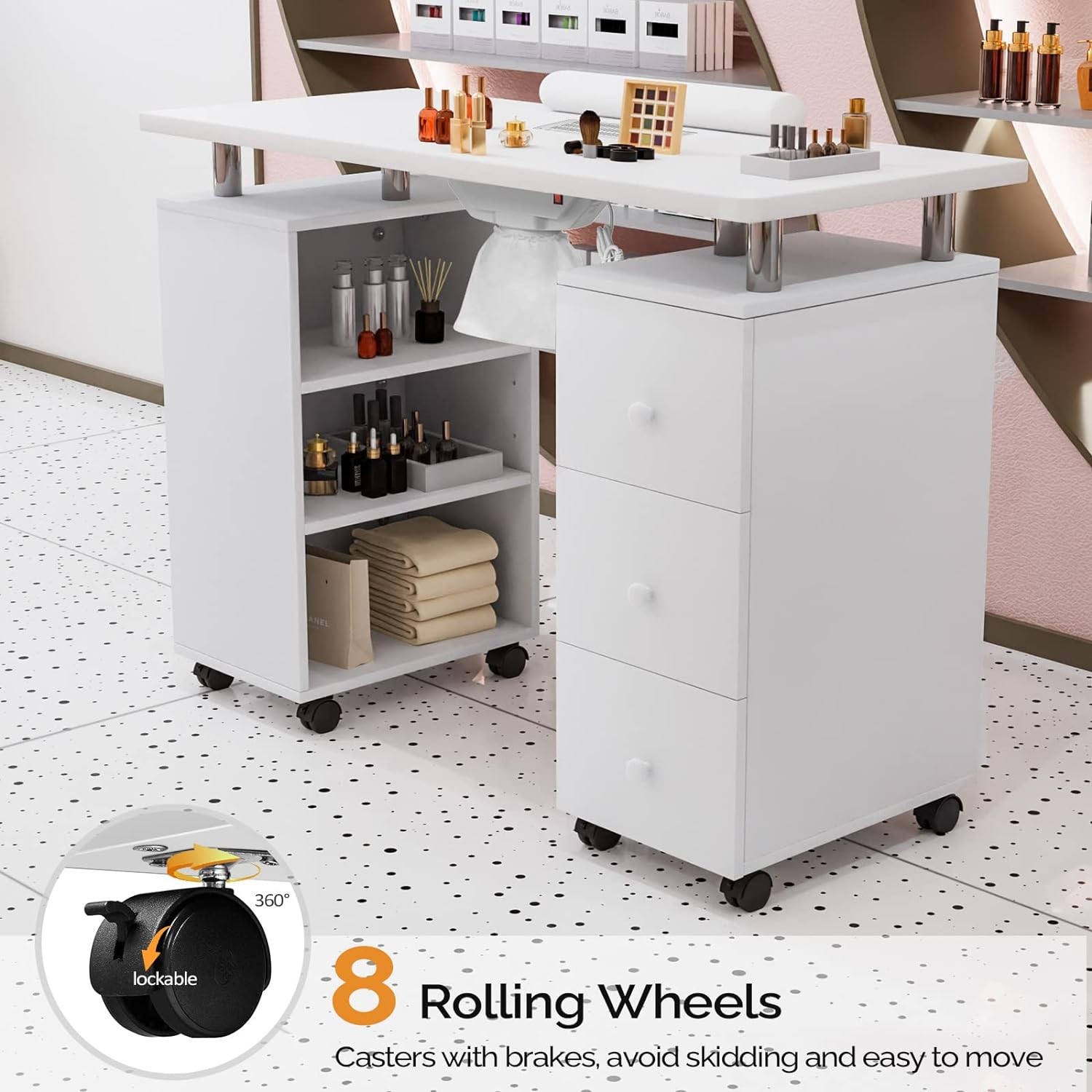 Manicure Table Nail Desk for Nail Tech w/Dust Collector, Wrist Cushion, Drawers