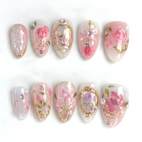 24Pcs Pink Press on Nails Short Almond Fake Nails with 3D pink floral charms