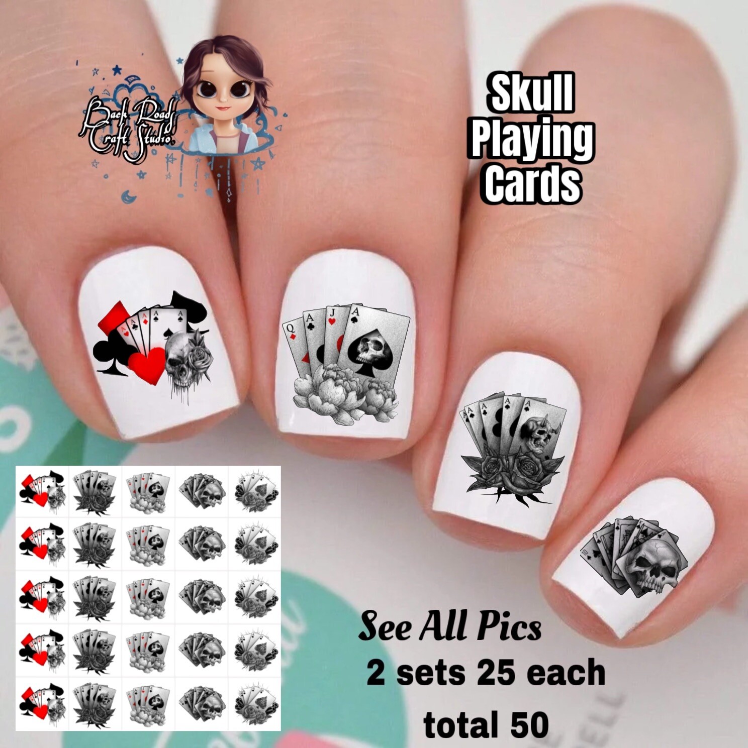 Skull Playing Cards Waterslide Nail Art Decals Set Of 50, Instructions Bonus