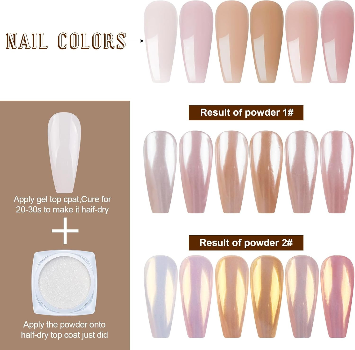 Artdone 2 Jars Chrome Nail Powder White and Gold Pearl,Iridescent Aurora Powder
