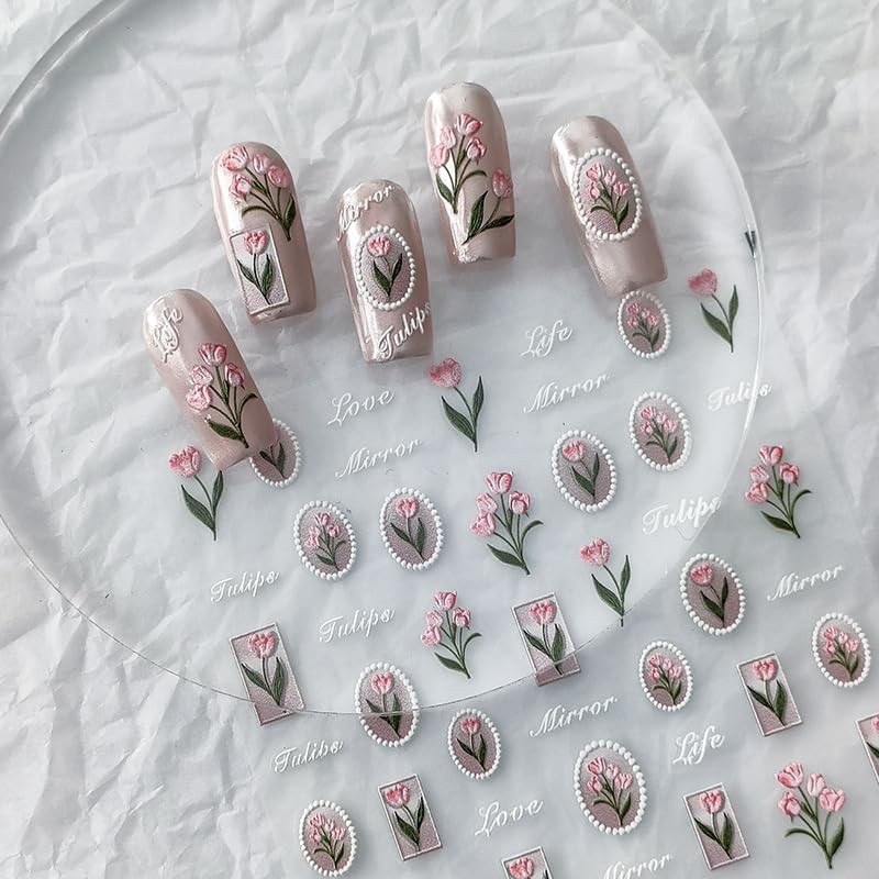 Flower Nail Stickers 5D Embossed Nail Art Stickers Decals Self 1 Pink Tulips