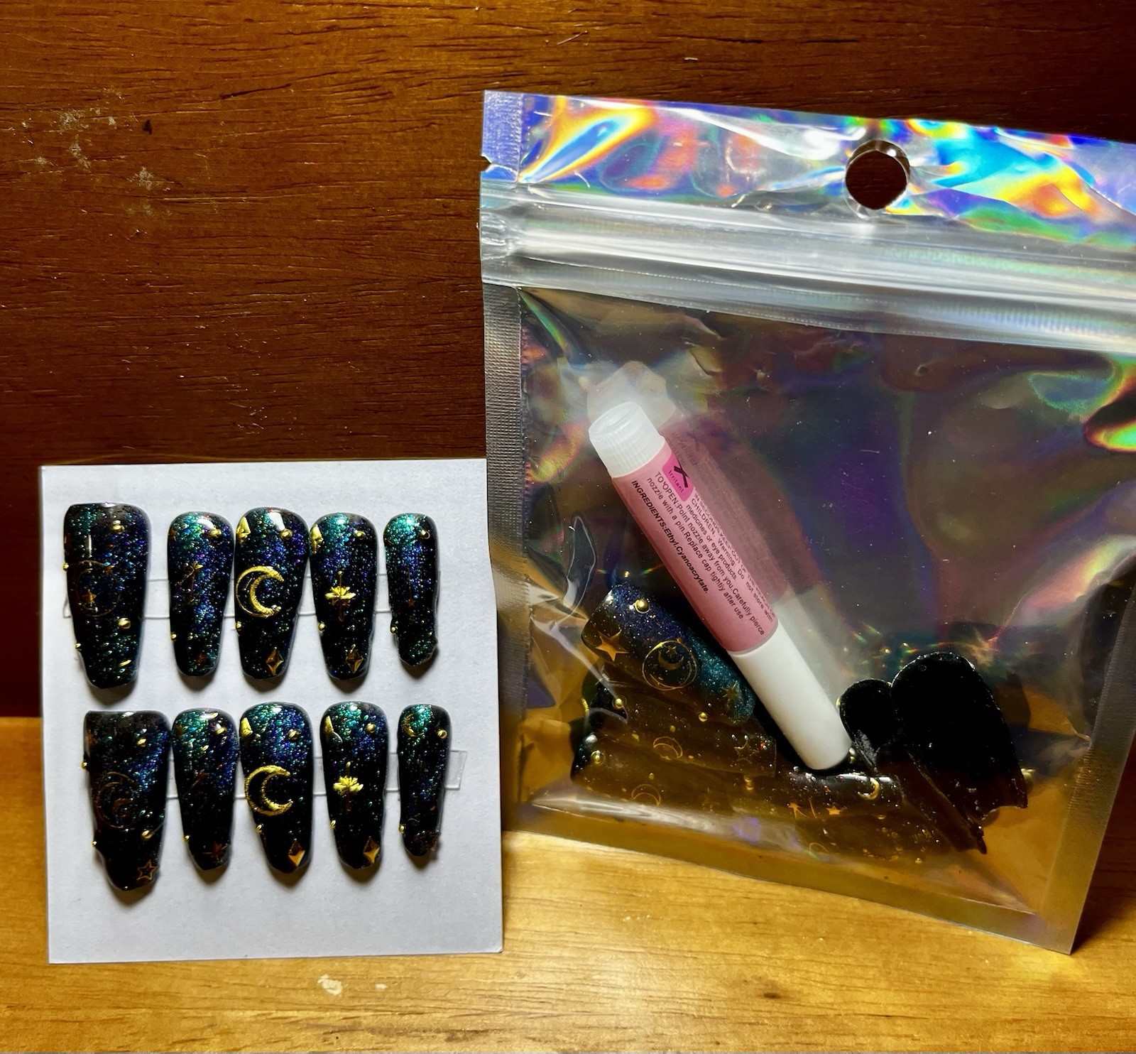 Long Coffin Acrylic Press-On Nails Purple and Green Cat Eye Galaxy Moon & Stars