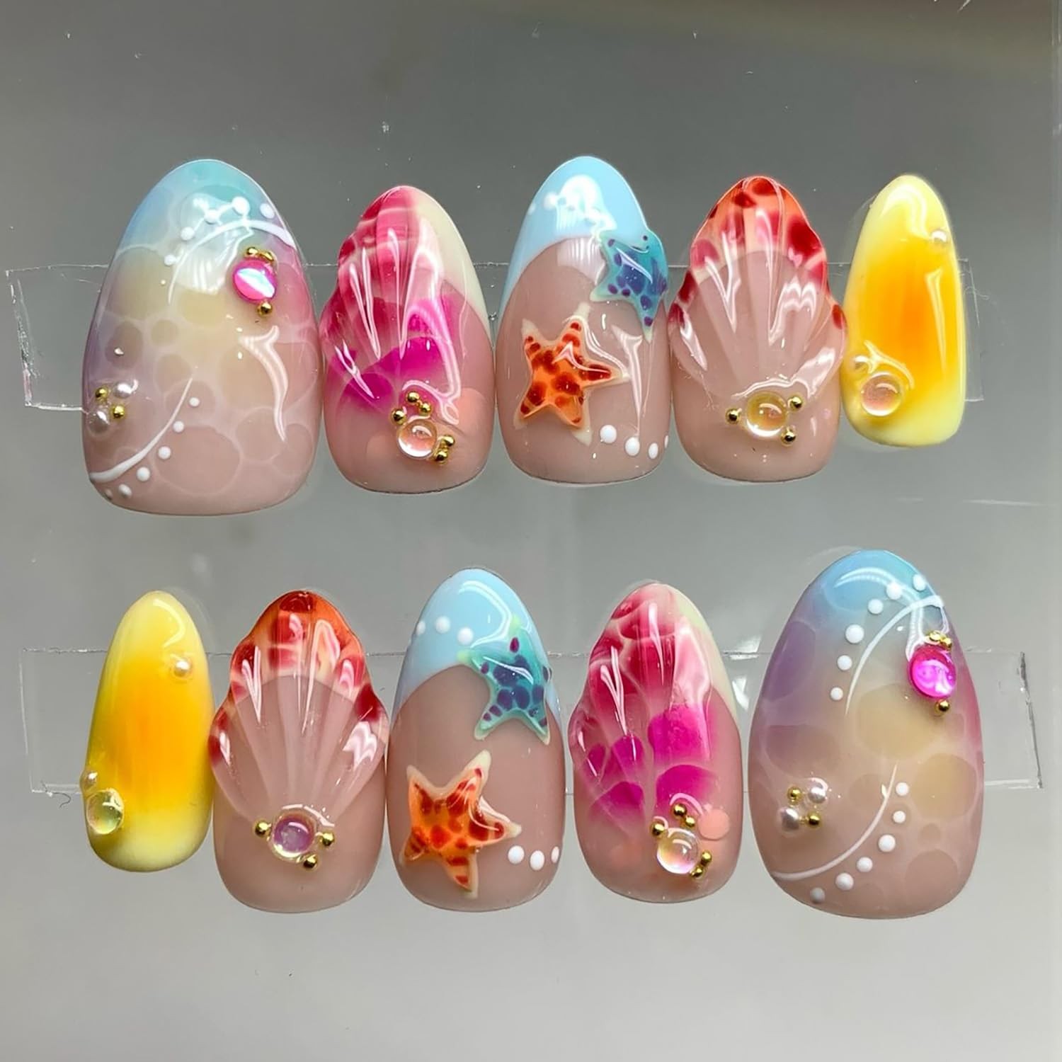 30Pcs Summer Beach Press on Nails Short Almond Fake Nails 3D Shell Starfish ＆…