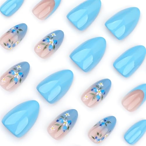 24Pcs Blue French Tip Press on Nails Short Almond – Blue Flowers Design Nails-6
