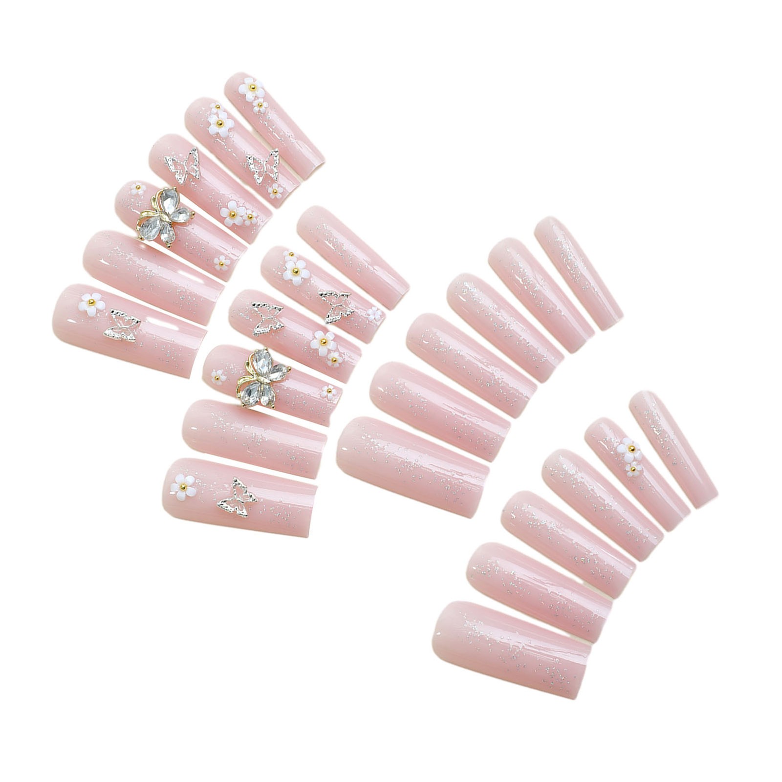 Elegant Long Nail Art Decals Silver Rhinestone Flower Butterfly Design 24 Pieces